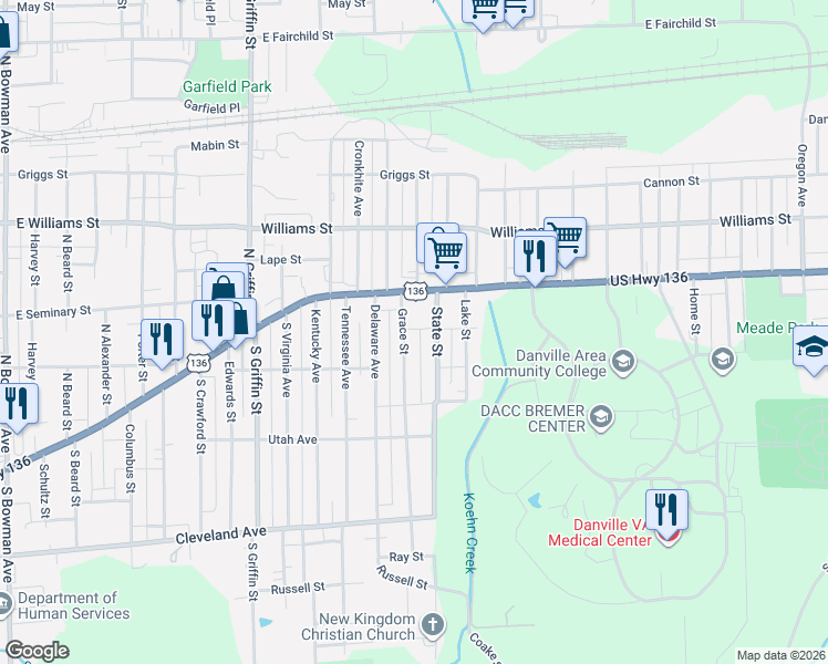 map of restaurants, bars, coffee shops, grocery stores, and more near 2-102 State St in Danville