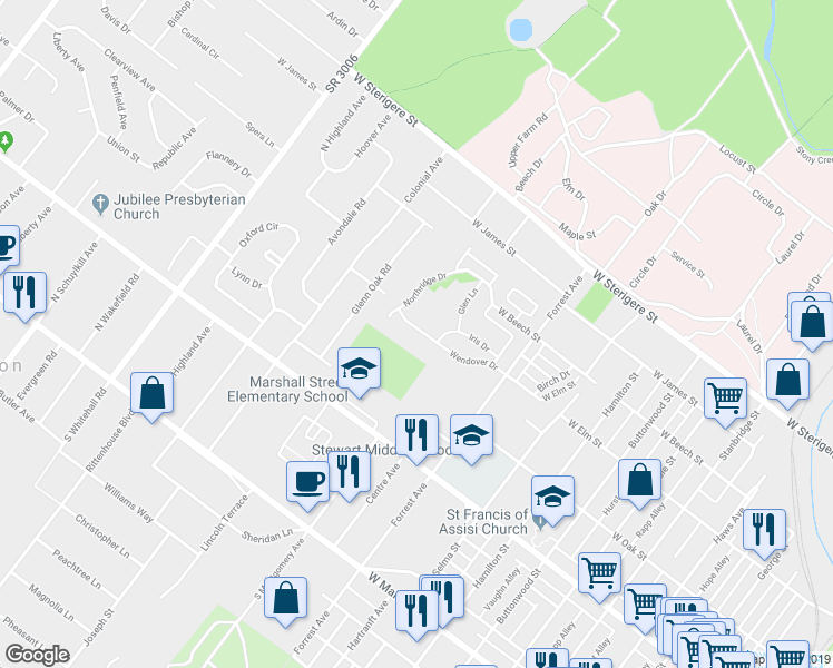map of restaurants, bars, coffee shops, grocery stores, and more near 334 Wendover Drive in Eagleville