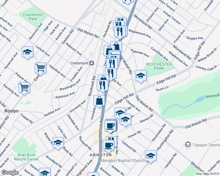map of restaurants, bars, coffee shops, grocery stores, and more near 1643 Old York Road in Abington