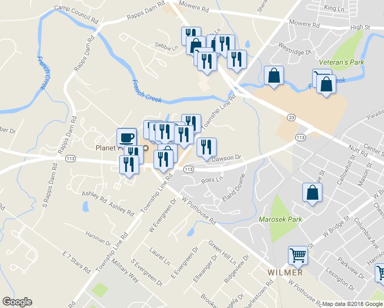 map of restaurants, bars, coffee shops, grocery stores, and more near 1070 Township Line Road in Phoenixville