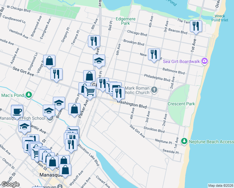 map of restaurants, bars, coffee shops, grocery stores, and more near 509 Crescent Parkway in Sea Girt
