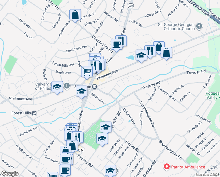 map of restaurants, bars, coffee shops, grocery stores, and more near 14030 Dana Avenue in Philadelphia