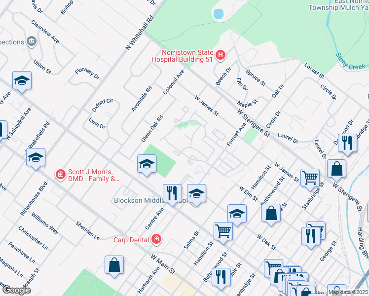 map of restaurants, bars, coffee shops, grocery stores, and more near 479 Crystal Lane in Norristown