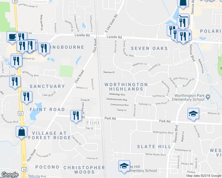 map of restaurants, bars, coffee shops, grocery stores, and more near 563 Annarose Run in Westerville