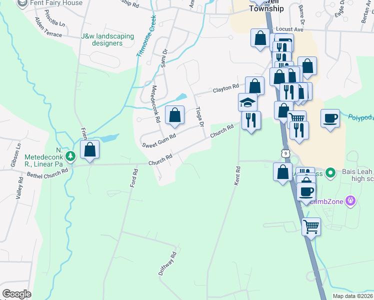 map of restaurants, bars, coffee shops, grocery stores, and more near 58 Church Road in Howell Township