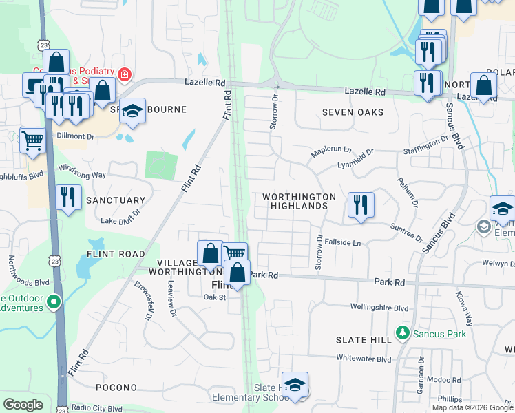 map of restaurants, bars, coffee shops, grocery stores, and more near Annarose Run in Westerville