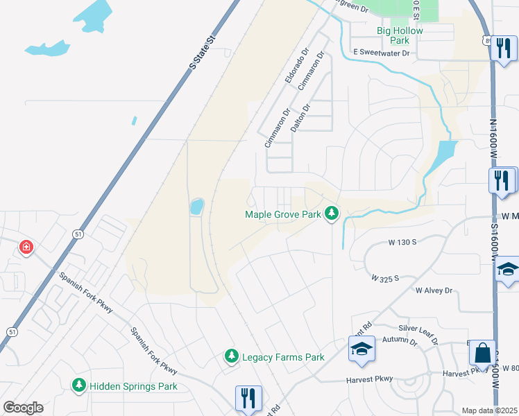 map of restaurants, bars, coffee shops, grocery stores, and more near 172 Santa Fe Drive South in Springville