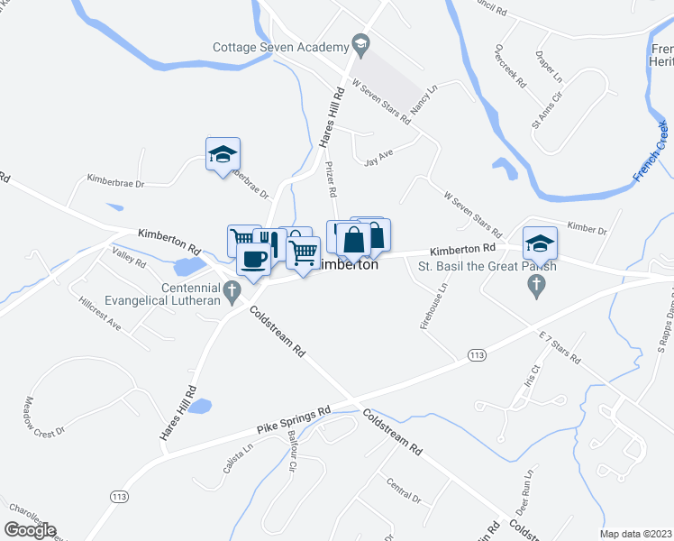 map of restaurants, bars, coffee shops, grocery stores, and more near 2177 Kimberton Road in Phoenixville