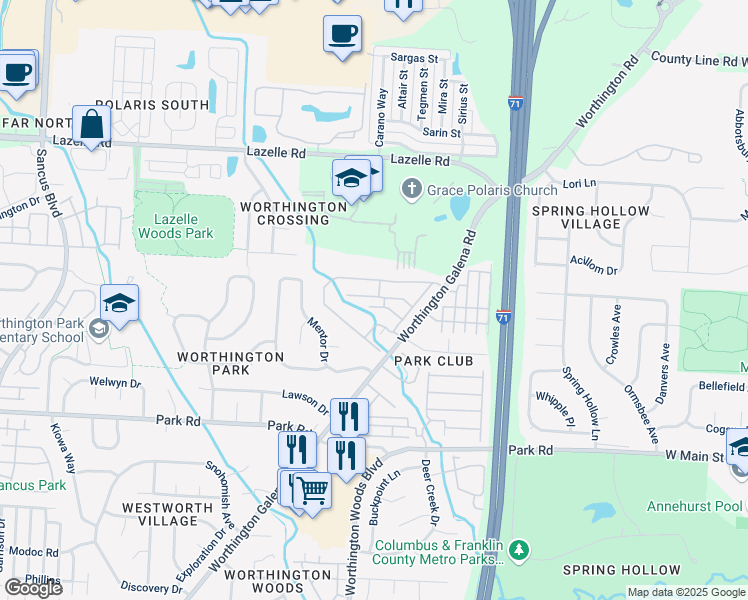 map of restaurants, bars, coffee shops, grocery stores, and more near 1531 Worthington Park Boulevard in Westerville