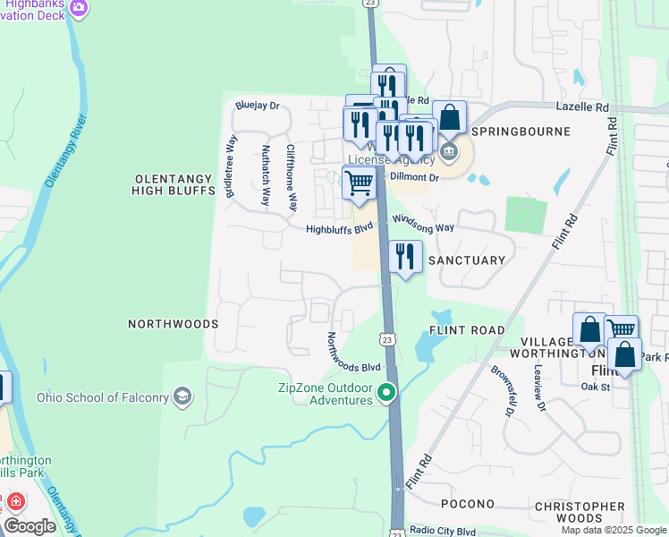 map of restaurants, bars, coffee shops, grocery stores, and more near 8145 North High Street in Columbus