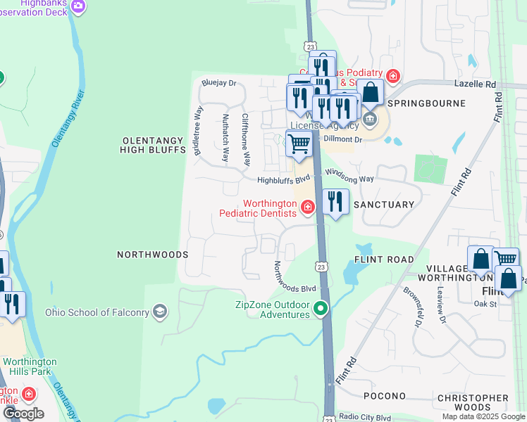 map of restaurants, bars, coffee shops, grocery stores, and more near 136 Antelope Way in Columbus