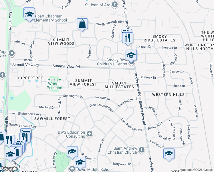 map of restaurants, bars, coffee shops, grocery stores, and more near 8078 Simfield Road in Dublin