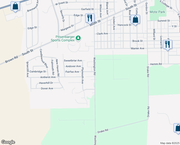 map of restaurants, bars, coffee shops, grocery stores, and more near 1416 Fairfax Avenue in Piqua