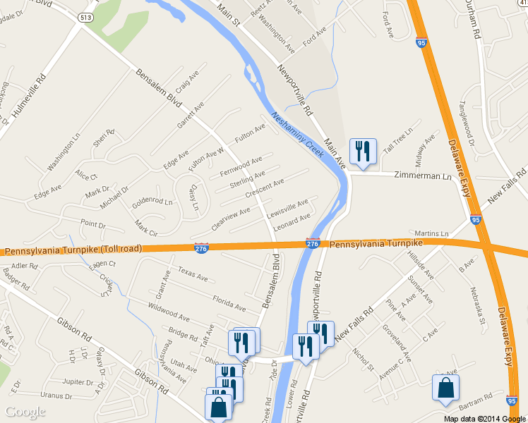 map of restaurants, bars, coffee shops, grocery stores, and more near 1119 Bensalem Boulevard in Bensalem