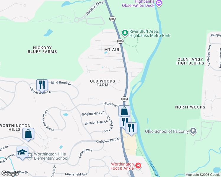map of restaurants, bars, coffee shops, grocery stores, and more near 815 Old Woods Road in Columbus