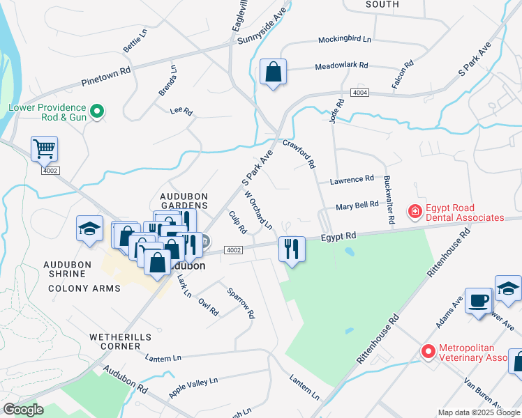map of restaurants, bars, coffee shops, grocery stores, and more near 20 West Orchard Lane in Eagleville