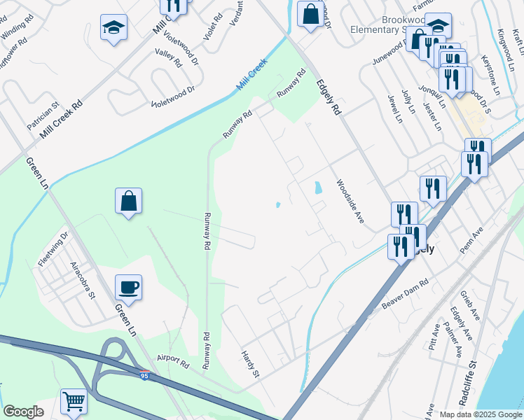 map of restaurants, bars, coffee shops, grocery stores, and more near 37 Runway Road in Levittown