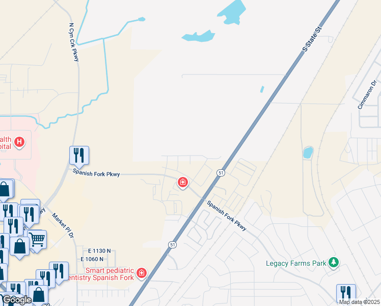 map of restaurants, bars, coffee shops, grocery stores, and more near 1649 East 1600 North in Springville