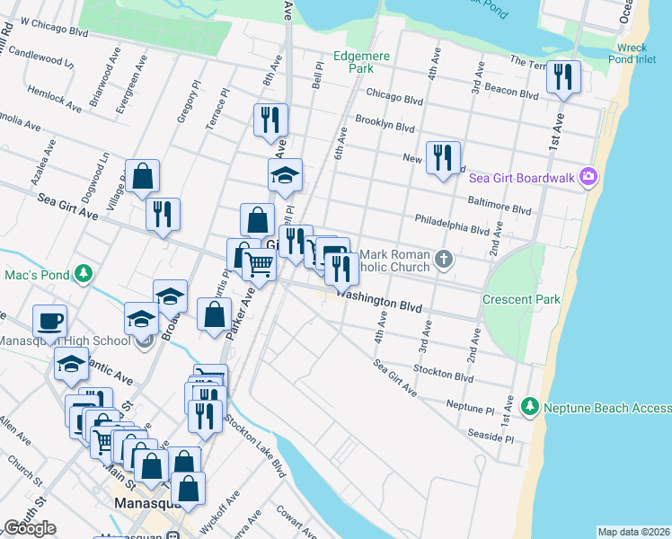 map of restaurants, bars, coffee shops, grocery stores, and more near 509 Crescent Parkway in Sea Girt