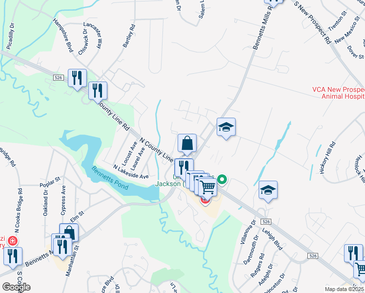 map of restaurants, bars, coffee shops, grocery stores, and more near 43 Shilling Way in Jackson Township