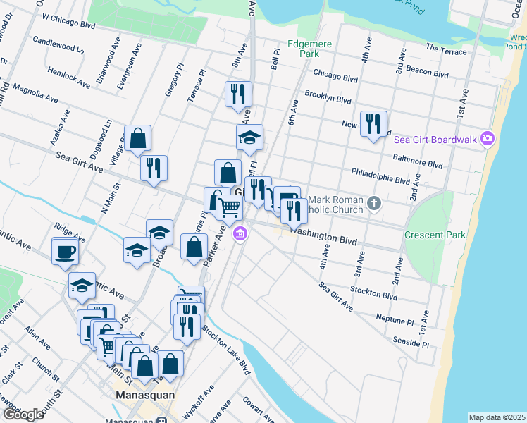 map of restaurants, bars, coffee shops, grocery stores, and more near 800 The Plaza in Sea Girt