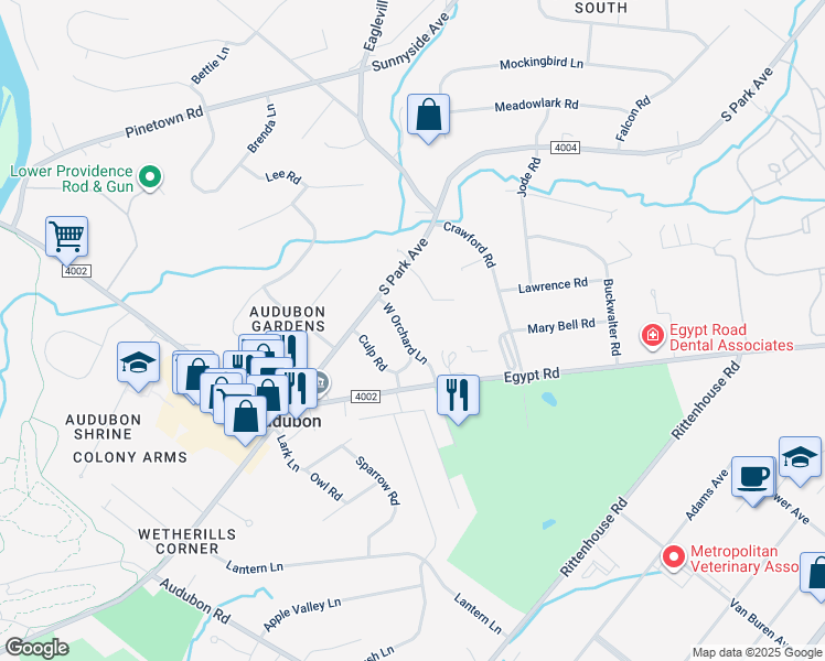 map of restaurants, bars, coffee shops, grocery stores, and more near 20 West Orchard Lane in Eagleville