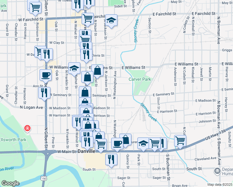 map of restaurants, bars, coffee shops, grocery stores, and more near 401 North Washington Avenue in Danville