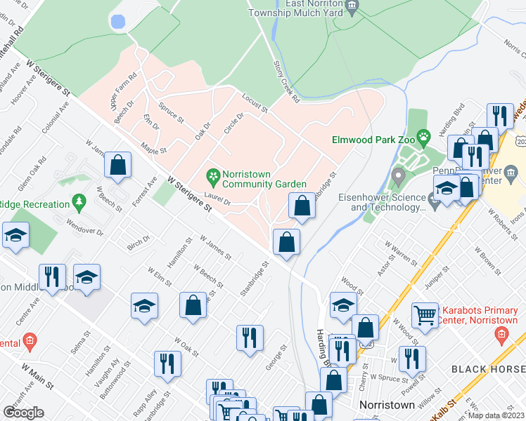 map of restaurants, bars, coffee shops, grocery stores, and more near  in Norristown