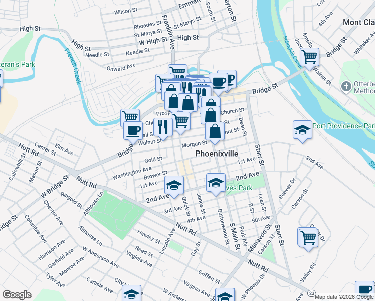 map of restaurants, bars, coffee shops, grocery stores, and more near in Phoenixville