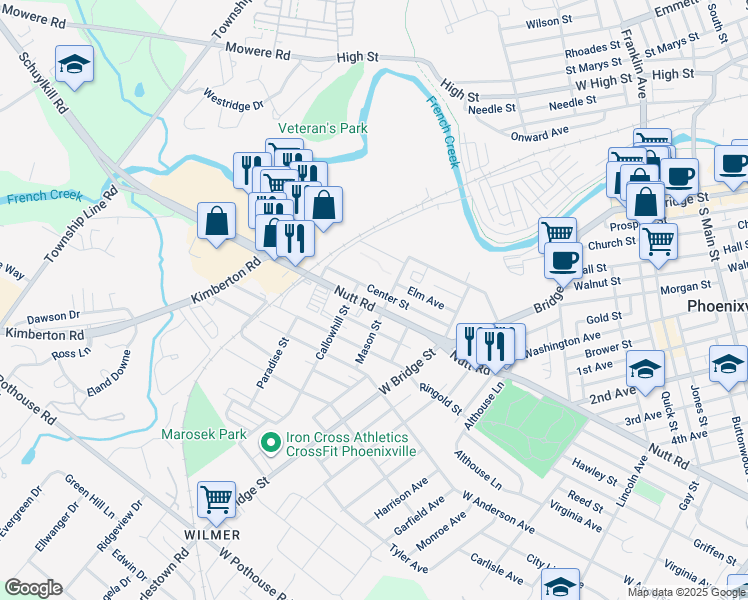 map of restaurants, bars, coffee shops, grocery stores, and more near 573 Nutt Road in Phoenixville
