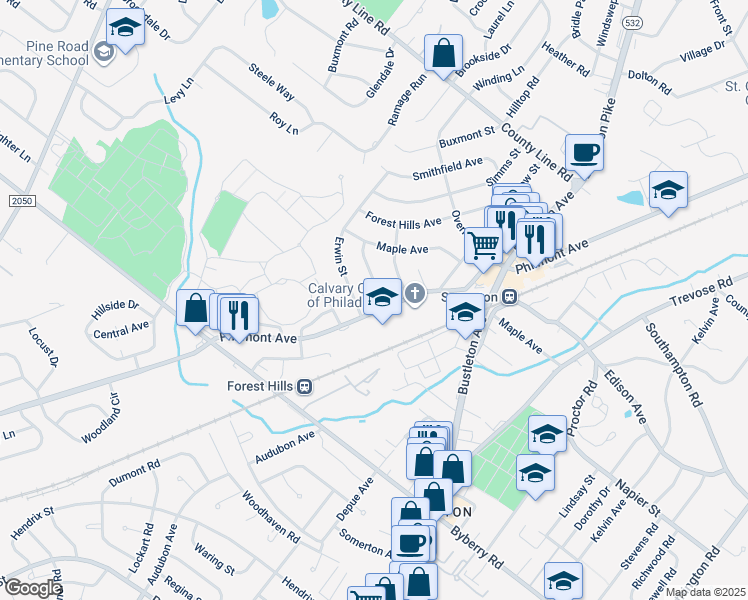 map of restaurants, bars, coffee shops, grocery stores, and more near 14004 Faraday Street in Philadelphia