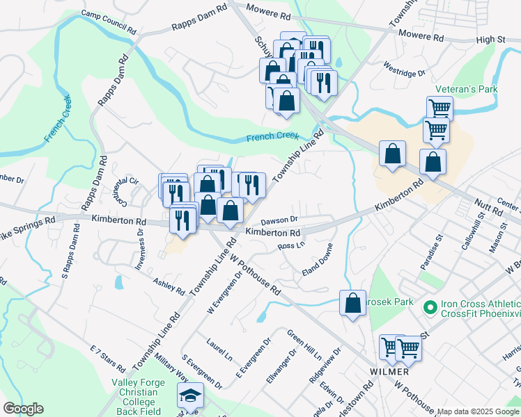map of restaurants, bars, coffee shops, grocery stores, and more near 1070 Township Line Road in Phoenixville