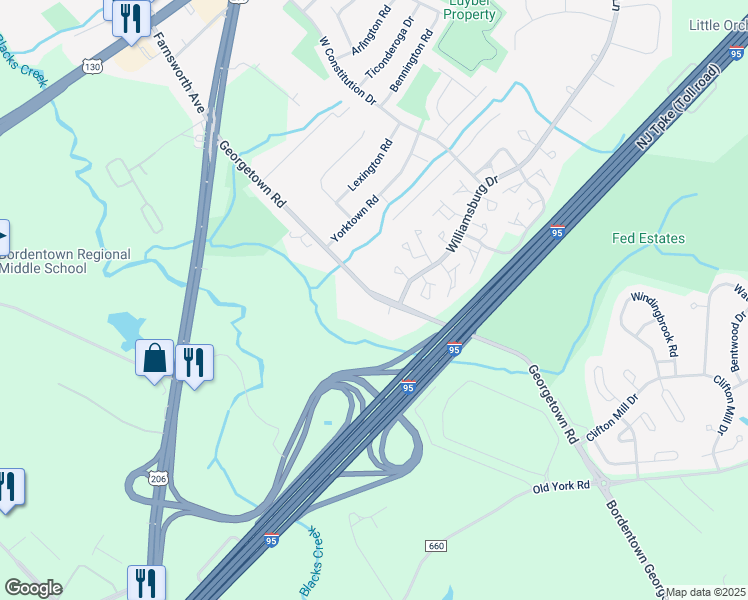 map of restaurants, bars, coffee shops, grocery stores, and more near 47 Georgetown Road in Bordentown