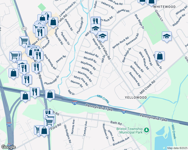 map of restaurants, bars, coffee shops, grocery stores, and more near 20 Middle Road in Levittown