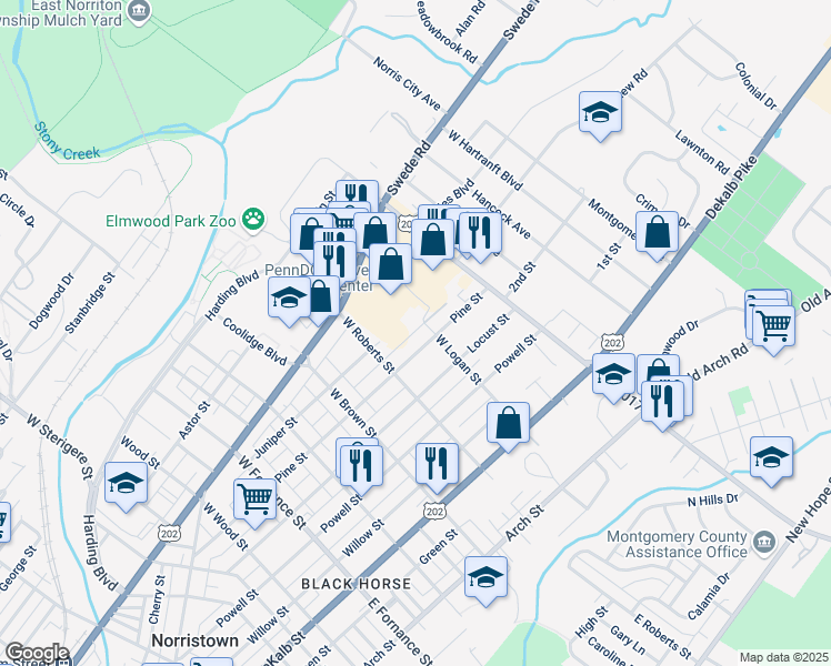 map of restaurants, bars, coffee shops, grocery stores, and more near 1800 Markley Street in Norristown