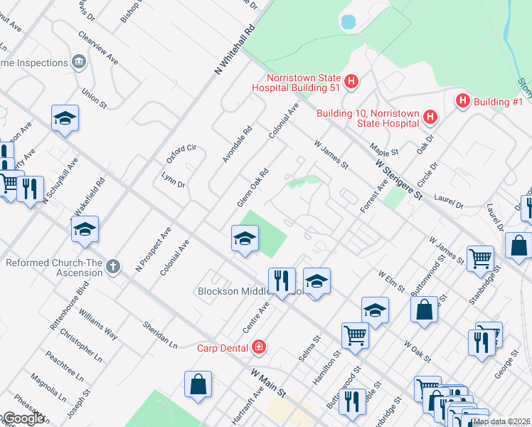 map of restaurants, bars, coffee shops, grocery stores, and more near 404 Wendover Drive in Eagleville