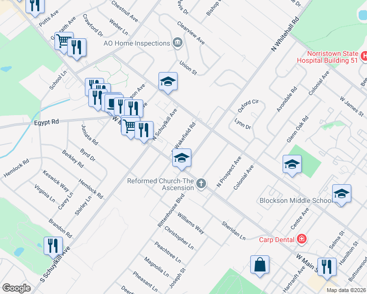 map of restaurants, bars, coffee shops, grocery stores, and more near 28 North Wakefield Road in Norristown