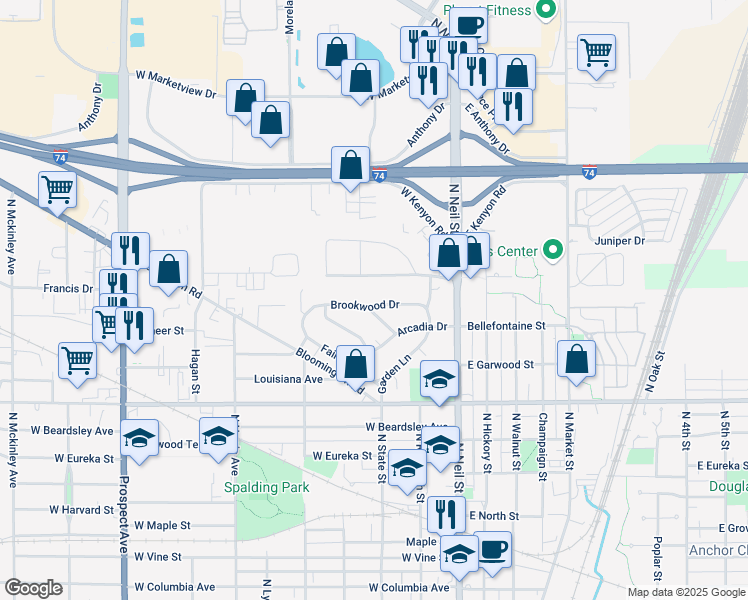map of restaurants, bars, coffee shops, grocery stores, and more near 213 Edgebrook Drive in Champaign