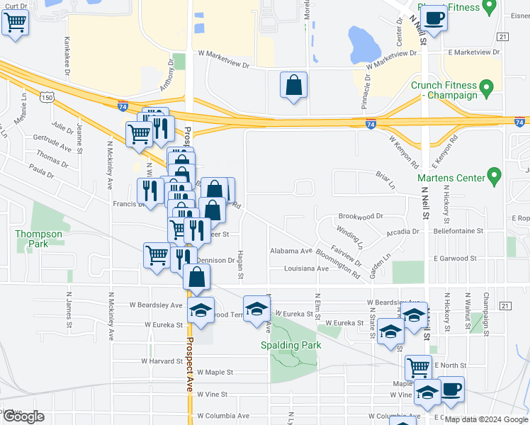 map of restaurants, bars, coffee shops, grocery stores, and more near 713 Edgebrook Drive in Champaign
