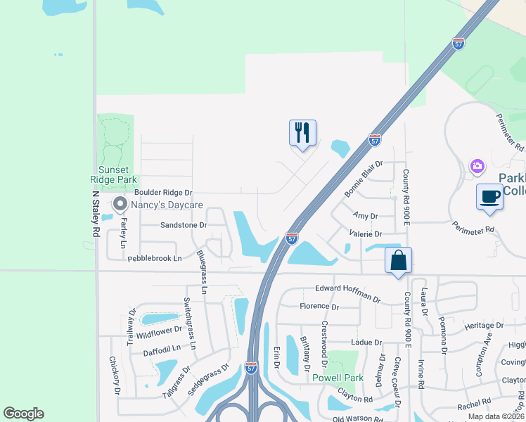 map of restaurants, bars, coffee shops, grocery stores, and more near 1419 Cobblestone Way in Champaign