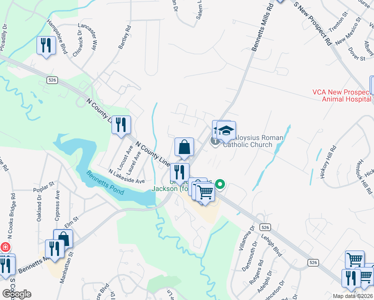 map of restaurants, bars, coffee shops, grocery stores, and more near 43 Shilling Way in Jackson Township