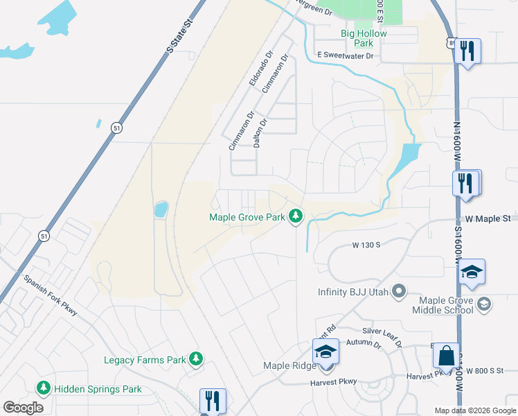 map of restaurants, bars, coffee shops, grocery stores, and more near 65 South Starlight Lane in Springville