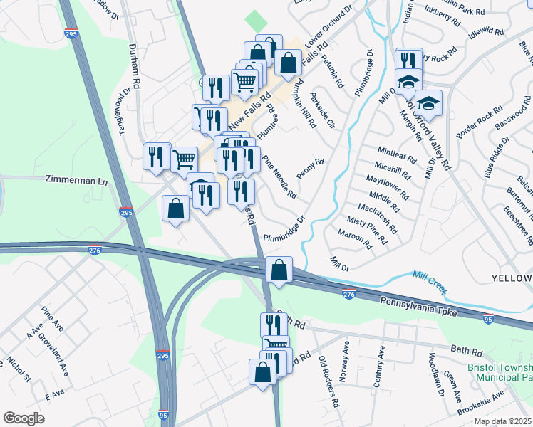 map of restaurants, bars, coffee shops, grocery stores, and more near 26 Prunewood Road in Levittown