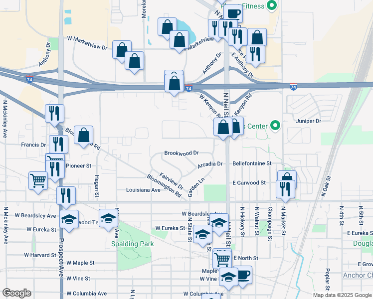 map of restaurants, bars, coffee shops, grocery stores, and more near 213 Edgebrook Drive in Champaign