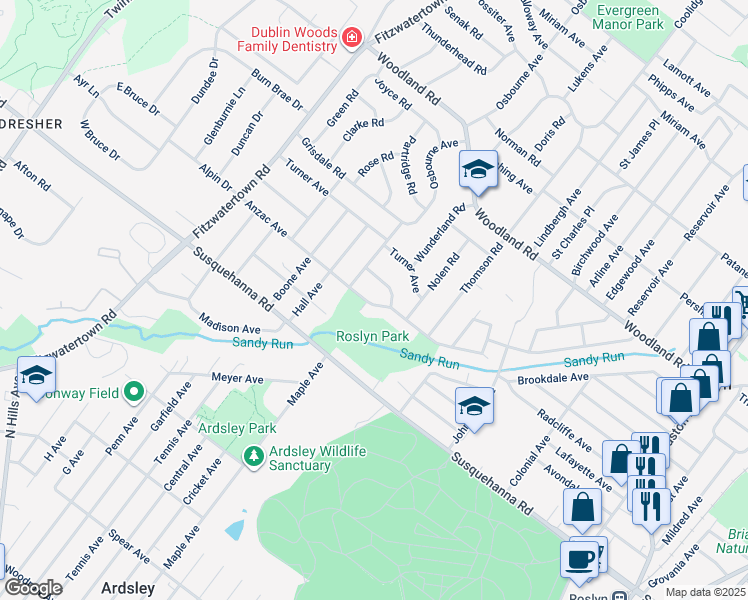 map of restaurants, bars, coffee shops, grocery stores, and more near 2817 Anzac Avenue in Abington