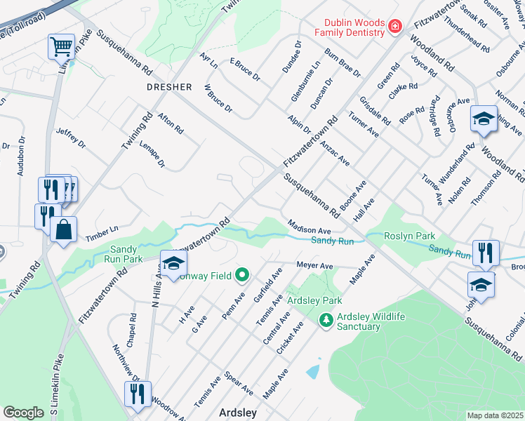 map of restaurants, bars, coffee shops, grocery stores, and more near 3036 David Drive in Abington