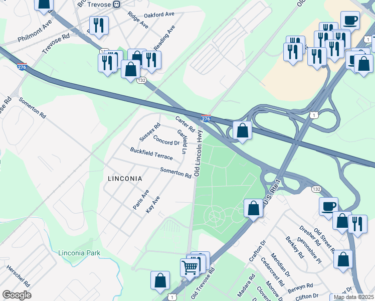 map of restaurants, bars, coffee shops, grocery stores, and more near 2881 Garfield Lane in Trevose
