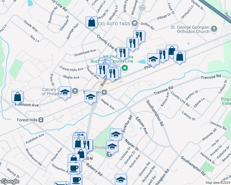 map of restaurants, bars, coffee shops, grocery stores, and more near 615 Edison Avenue in Philadelphia