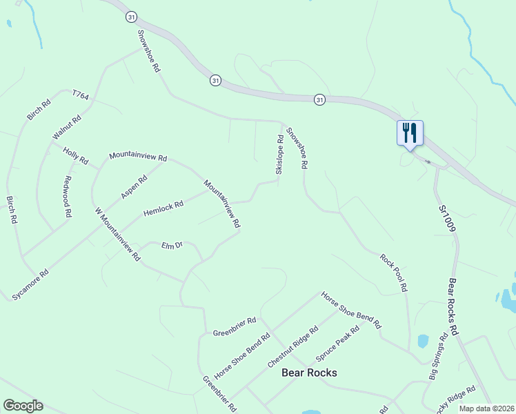 map of restaurants, bars, coffee shops, grocery stores, and more near 1598 Skislope Road in Bear Rocks