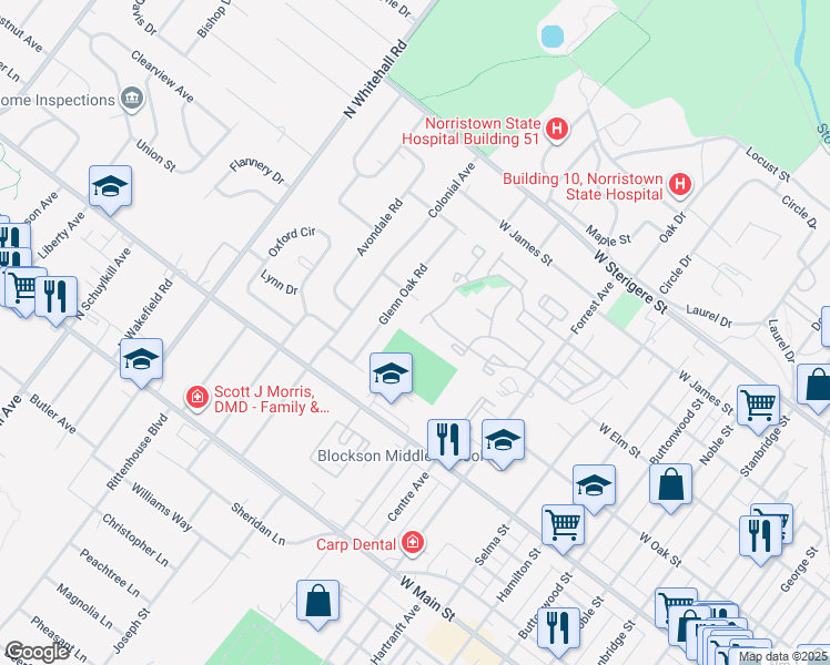 map of restaurants, bars, coffee shops, grocery stores, and more near 404 Wendover Drive in Eagleville